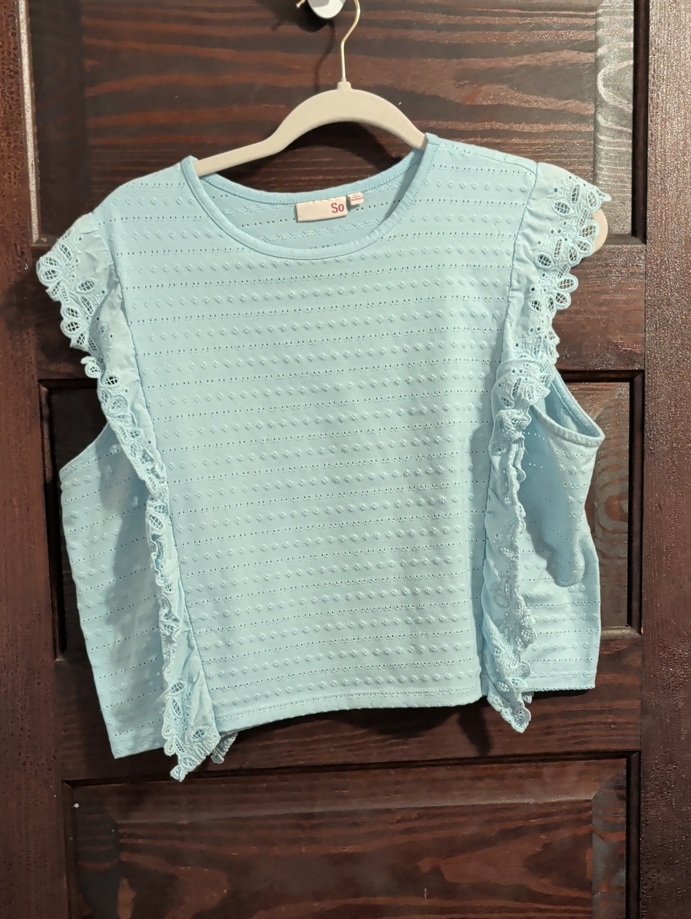 SO Light Blue Eyelet Crop Top with Lace Ruffle Trim
